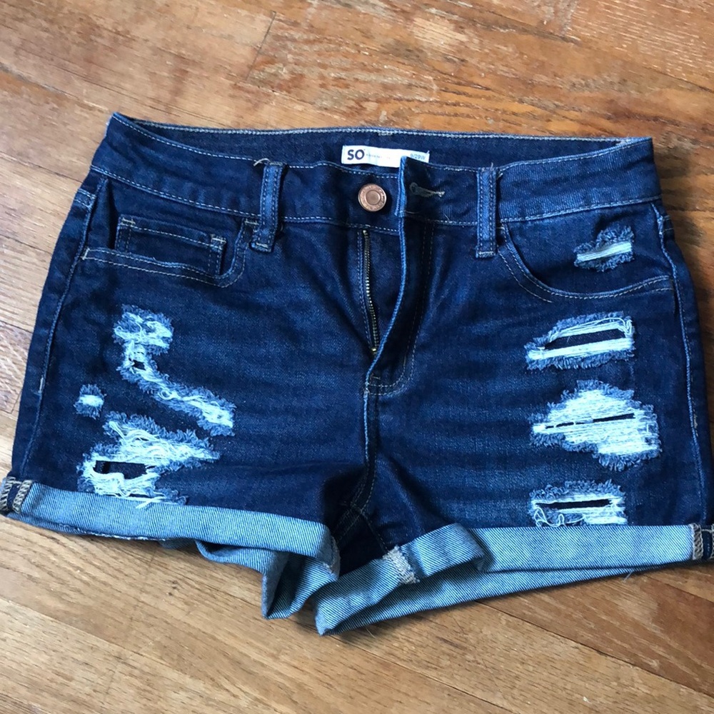 SO Women's Distressed Denim Shorts - Dark Blue